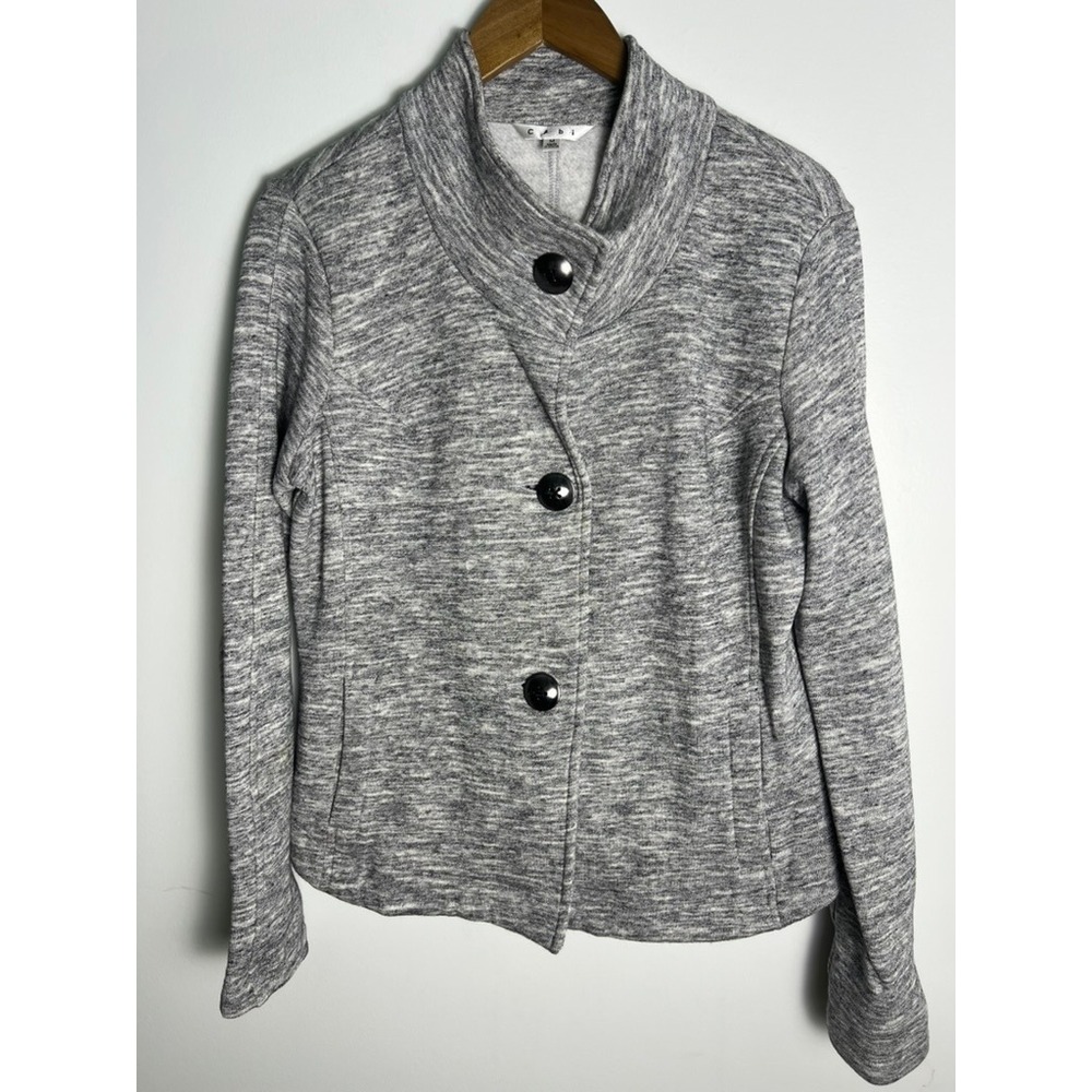 Cabi‎ Wm Med Grey Space Dye Knit Funnel Neck Button Front Jacket Casual Comfort